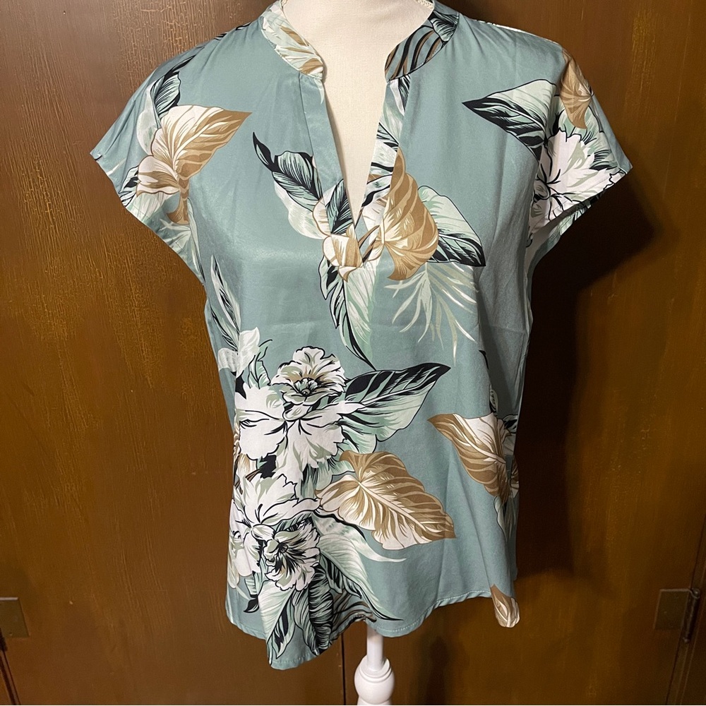 SHEIN Green and Cream Floral Blouse